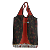 Luxembourg Grocery Bag with Floral Folk Embroidery and Red Black Pattern Design