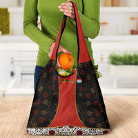 Luxembourg Grocery Bag with Floral Folk Embroidery and Red Black Pattern Design