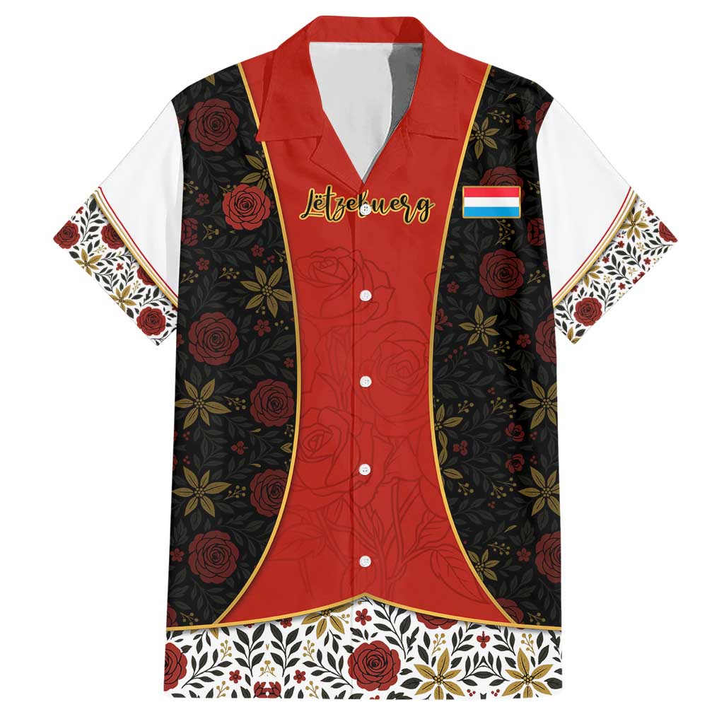 Luxembourg Hawaiian Shirt with Floral Folk Embroidery and Red Black Pattern Design
