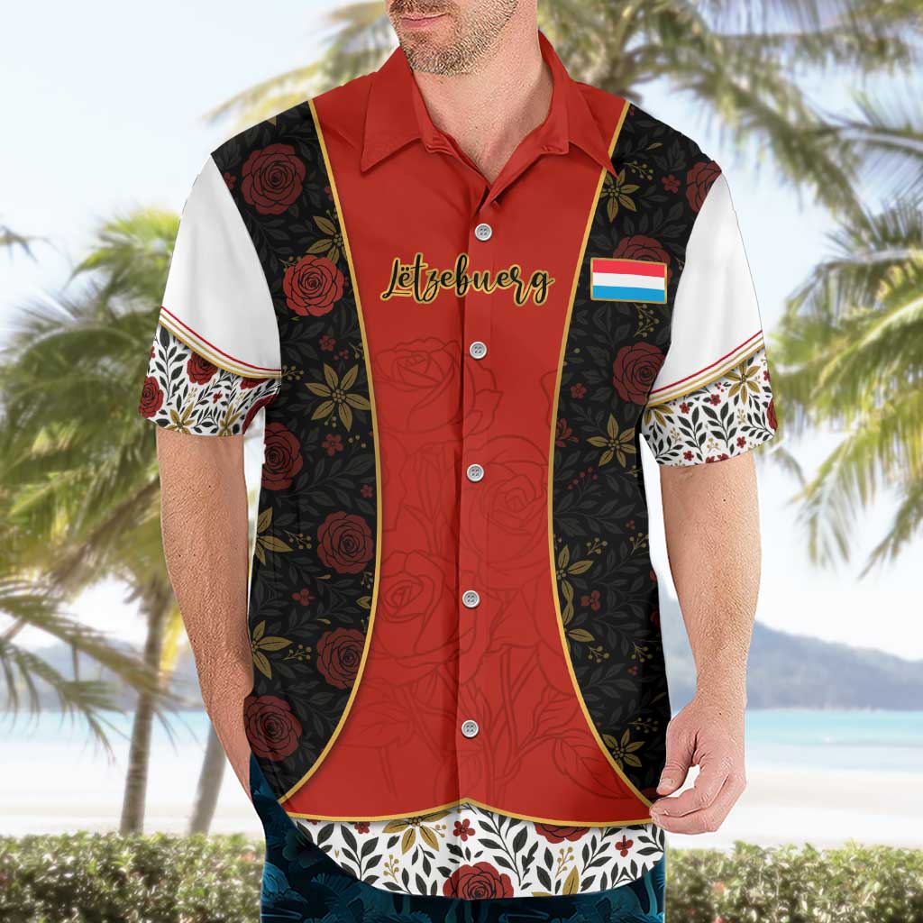 Luxembourg Hawaiian Shirt with Floral Folk Embroidery and Red Black Pattern Design