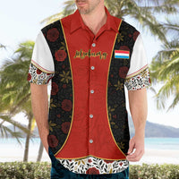 Luxembourg Hawaiian Shirt with Floral Folk Embroidery and Red Black Pattern Design