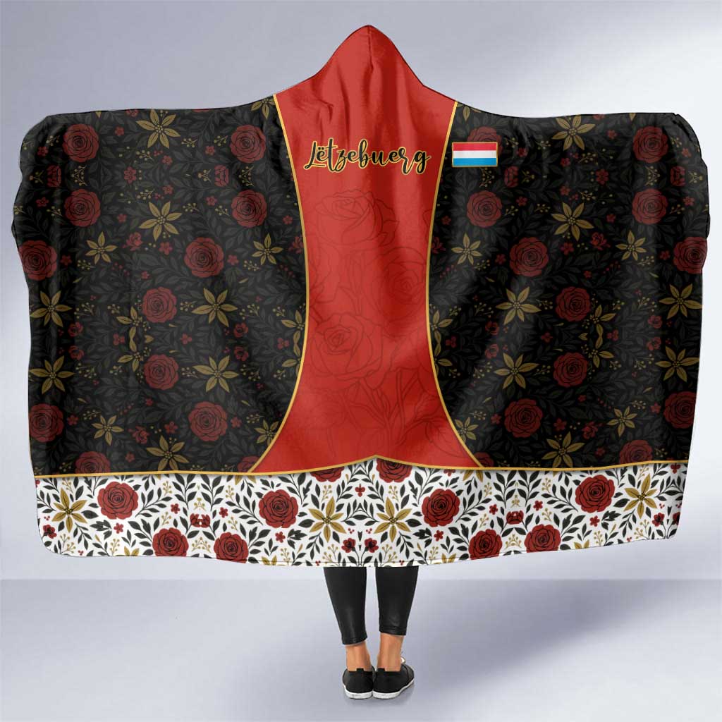 Luxembourg Hooded Blanket with Floral Folk Embroidery and Red Black Pattern Design