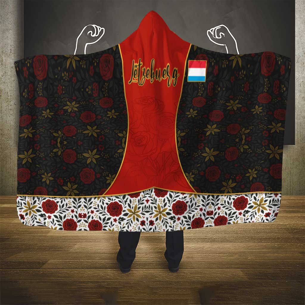 Luxembourg Hooded Blanket with Floral Folk Embroidery and Red Black Pattern Design