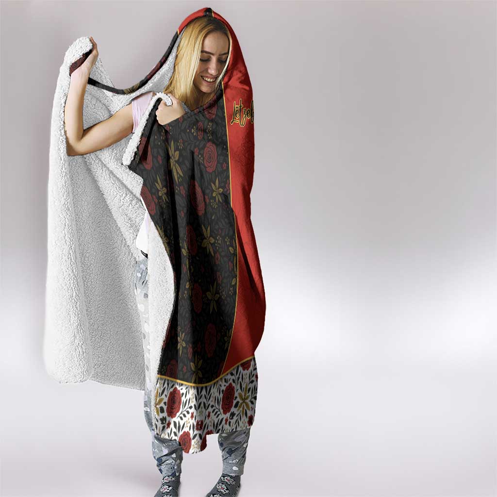 Luxembourg Hooded Blanket with Floral Folk Embroidery and Red Black Pattern Design
