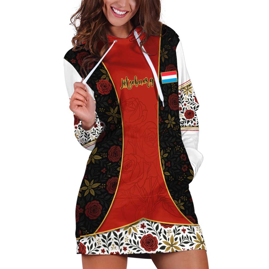 Luxembourg Hoodie Dress with Floral Folk Embroidery and Red Black Pattern Design