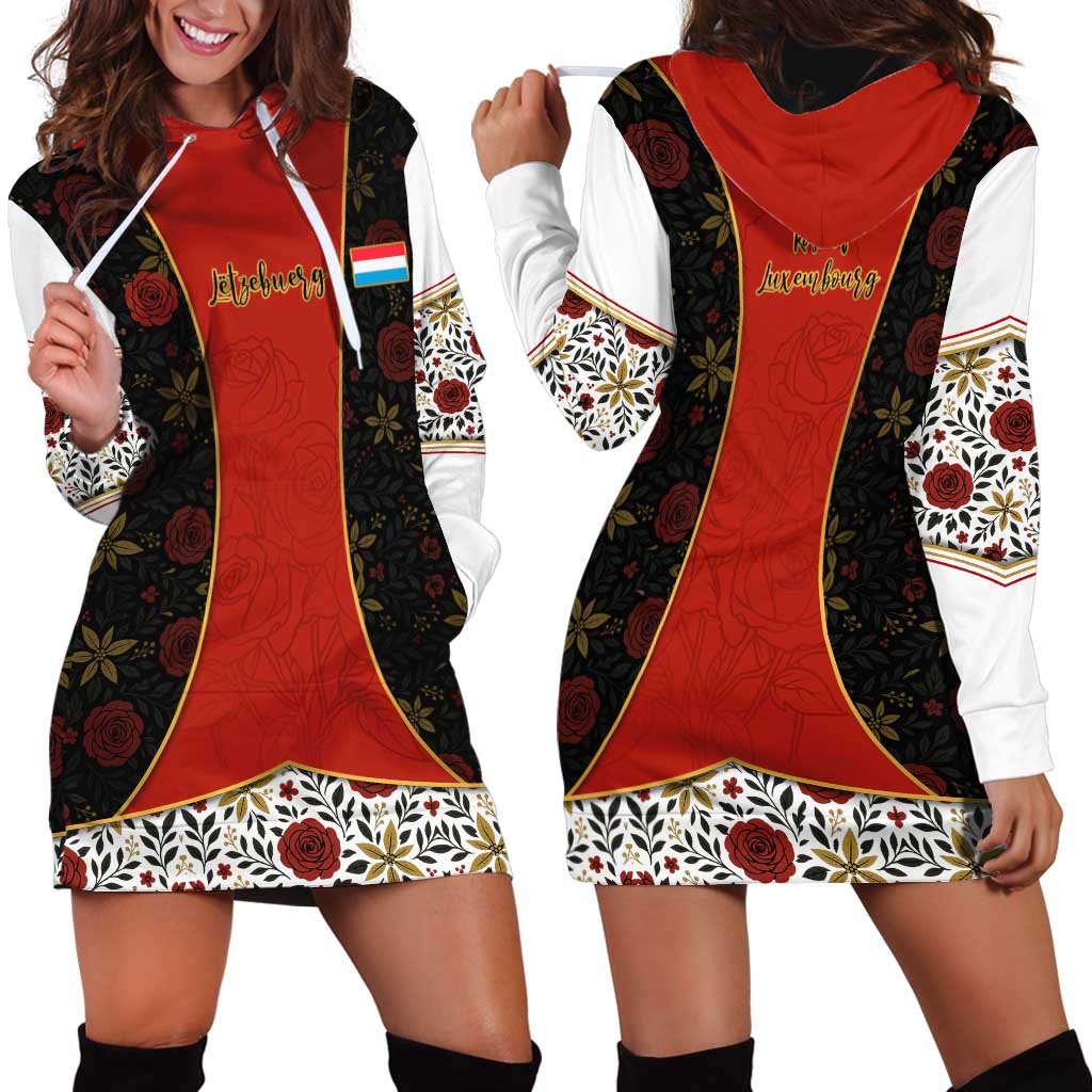 Luxembourg Hoodie Dress with Floral Folk Embroidery and Red Black Pattern Design