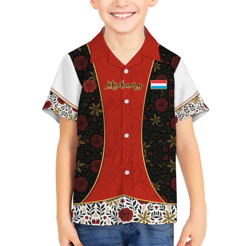 Luxembourg Kid Hawaiian Shirt with Floral Folk Embroidery and Red Black Pattern Design