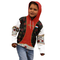 Luxembourg Kid Hoodie with Floral Folk Embroidery and Red Black Pattern Design