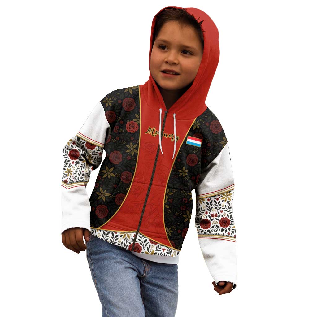 Luxembourg Kid Hoodie with Floral Folk Embroidery and Red Black Pattern Design