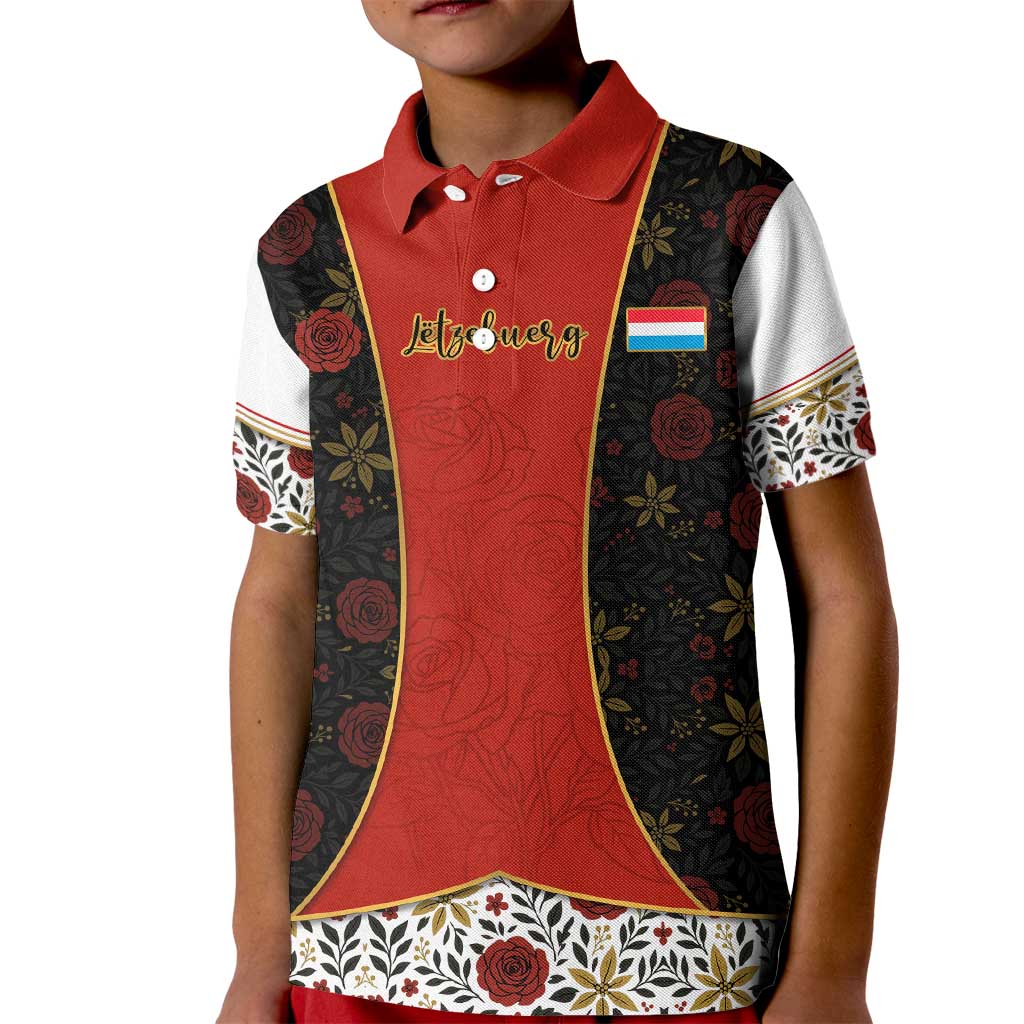 Luxembourg Kid Polo Shirt with Floral Folk Embroidery and Red Black Pattern Design