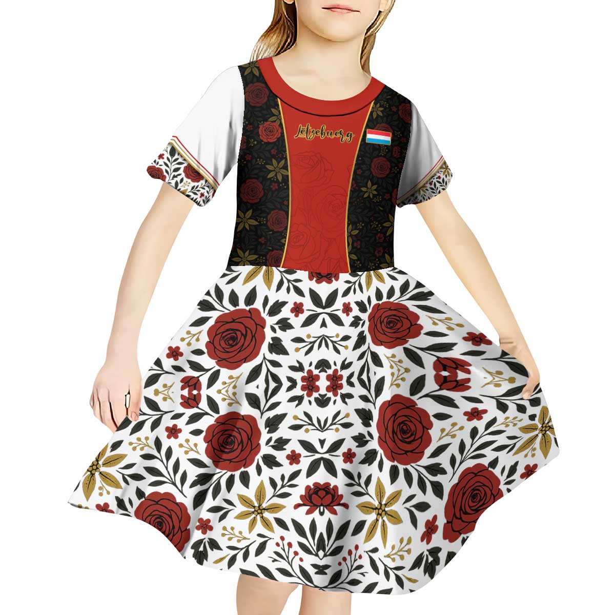Luxembourg Kid Short Sleeve Dress with Floral Folk Embroidery and Red Black Pattern Design