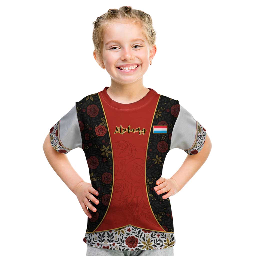Luxembourg Kid T Shirt with Floral Folk Embroidery and Red Black Pattern Design