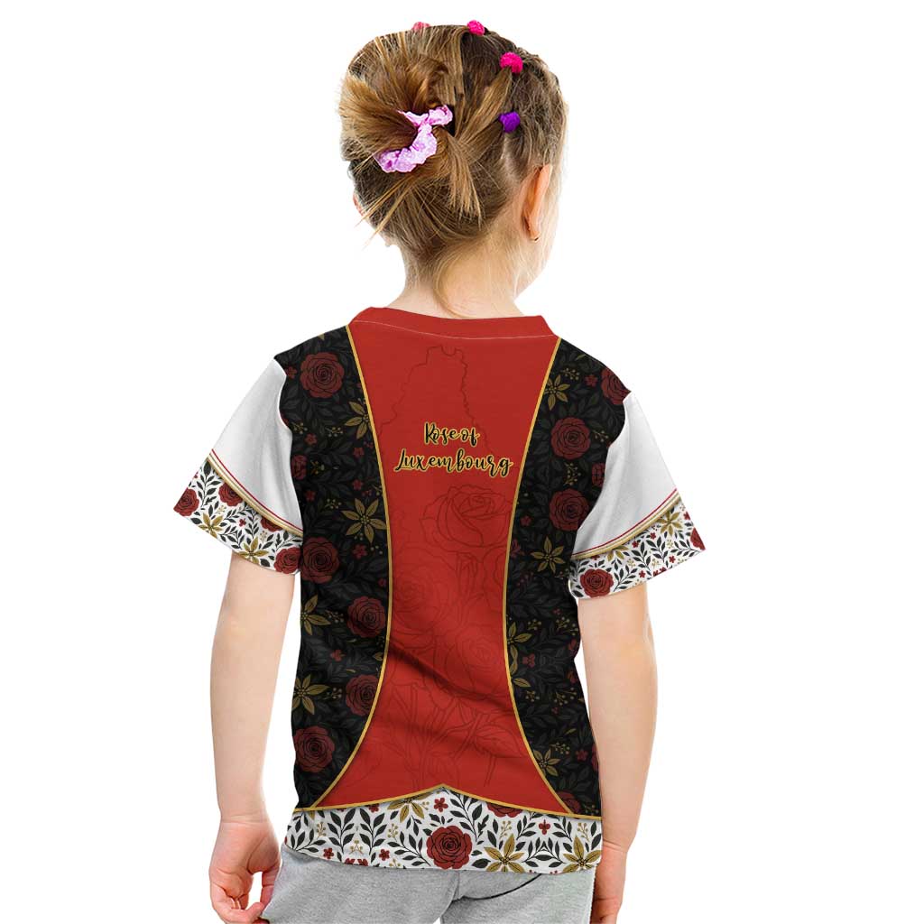 Luxembourg Kid T Shirt with Floral Folk Embroidery and Red Black Pattern Design