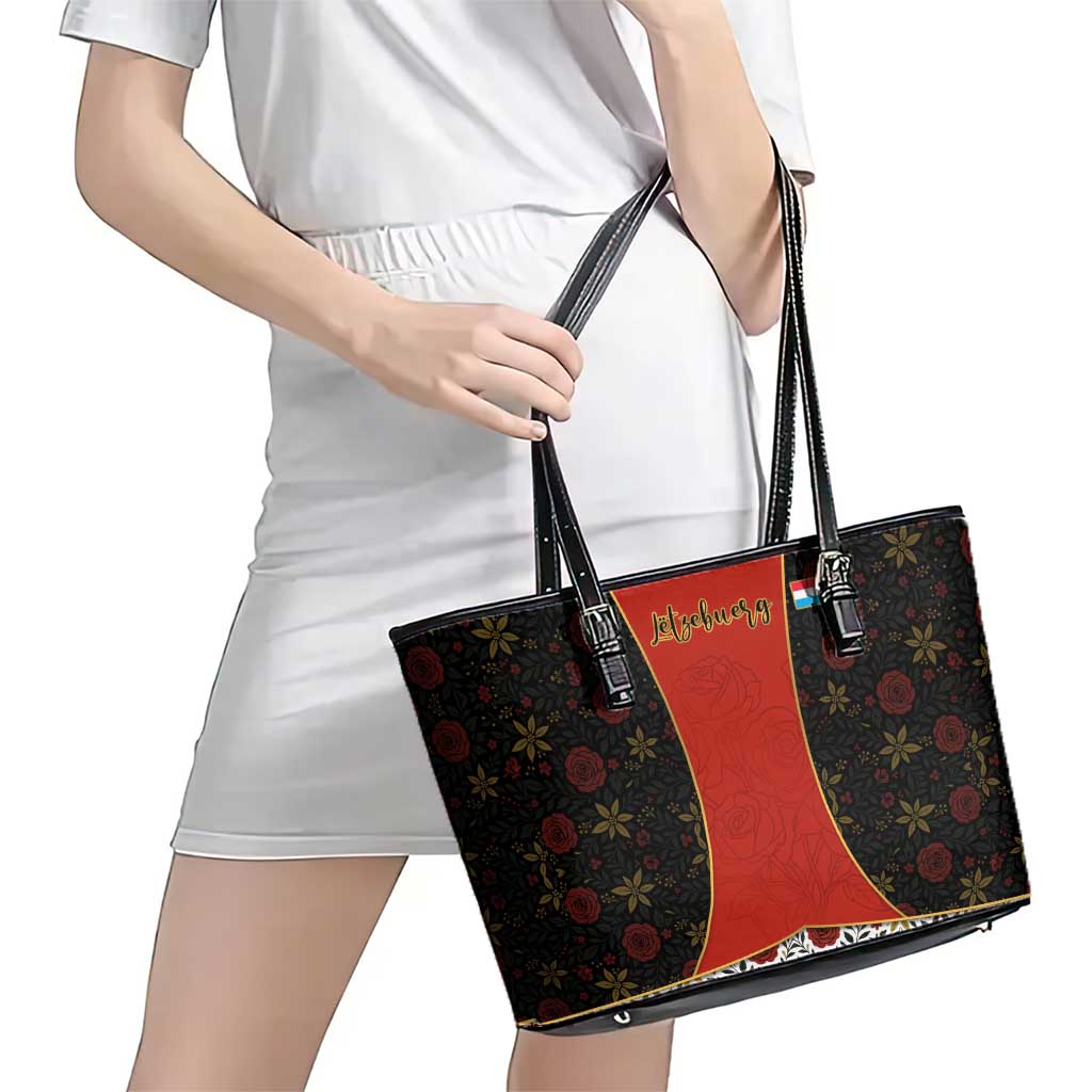 Luxembourg Leather Tote Bag with Floral Folk Embroidery and Red Black Pattern Design