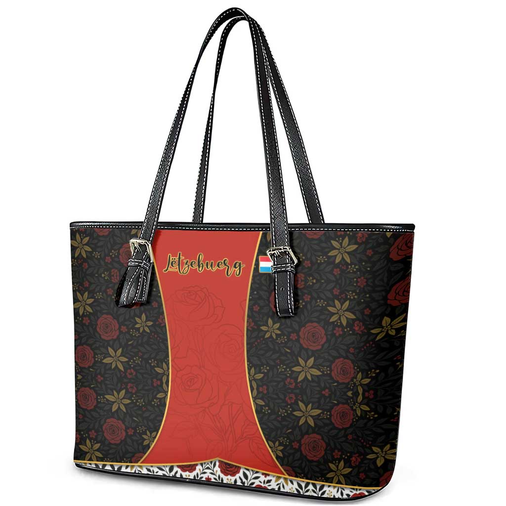 Luxembourg Leather Tote Bag with Floral Folk Embroidery and Red Black Pattern Design