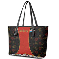 Luxembourg Leather Tote Bag with Floral Folk Embroidery and Red Black Pattern Design