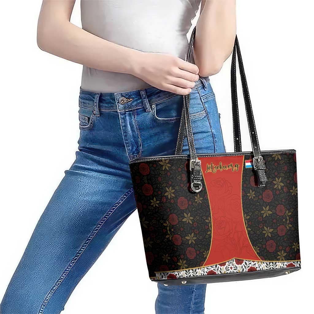 Luxembourg Leather Tote Bag with Floral Folk Embroidery and Red Black Pattern Design