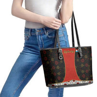 Luxembourg Leather Tote Bag with Floral Folk Embroidery and Red Black Pattern Design
