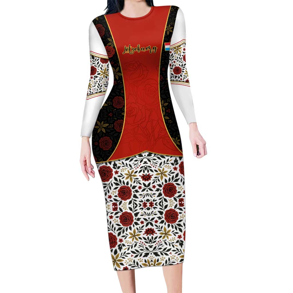 Luxembourg Long Sleeve Bodycon Dress with Floral Folk Embroidery and Red Black Pattern Design
