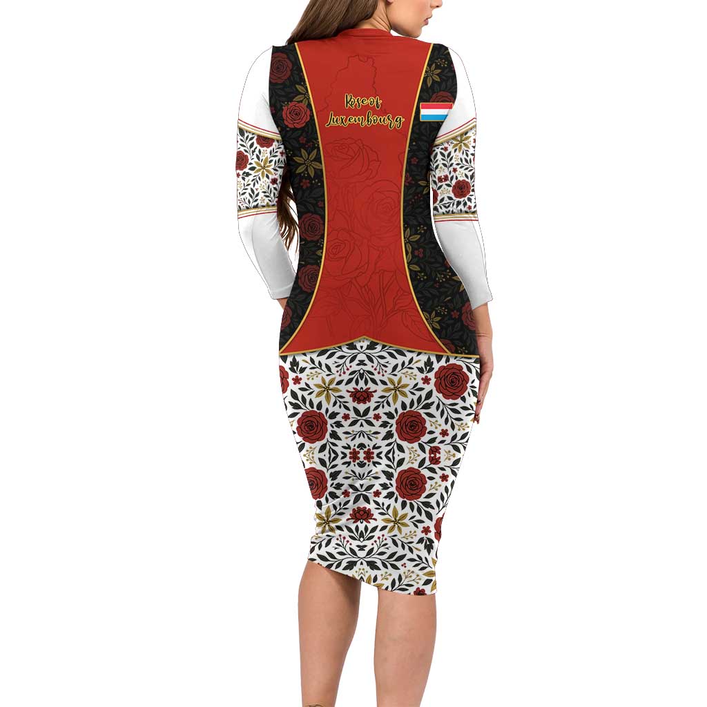 Luxembourg Long Sleeve Bodycon Dress with Floral Folk Embroidery and Red Black Pattern Design