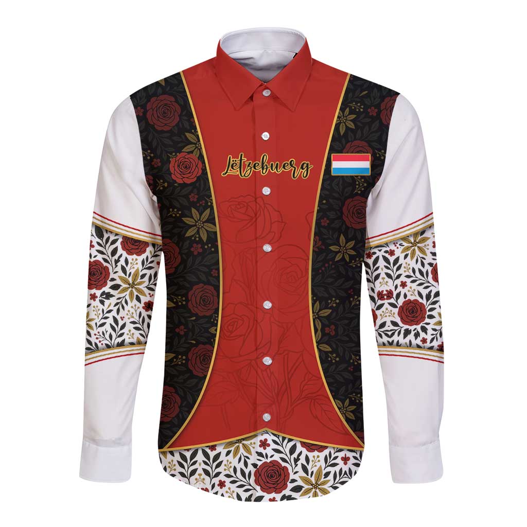 Luxembourg Long Sleeve Button Shirt with Floral Folk Embroidery and Red Black Pattern Design