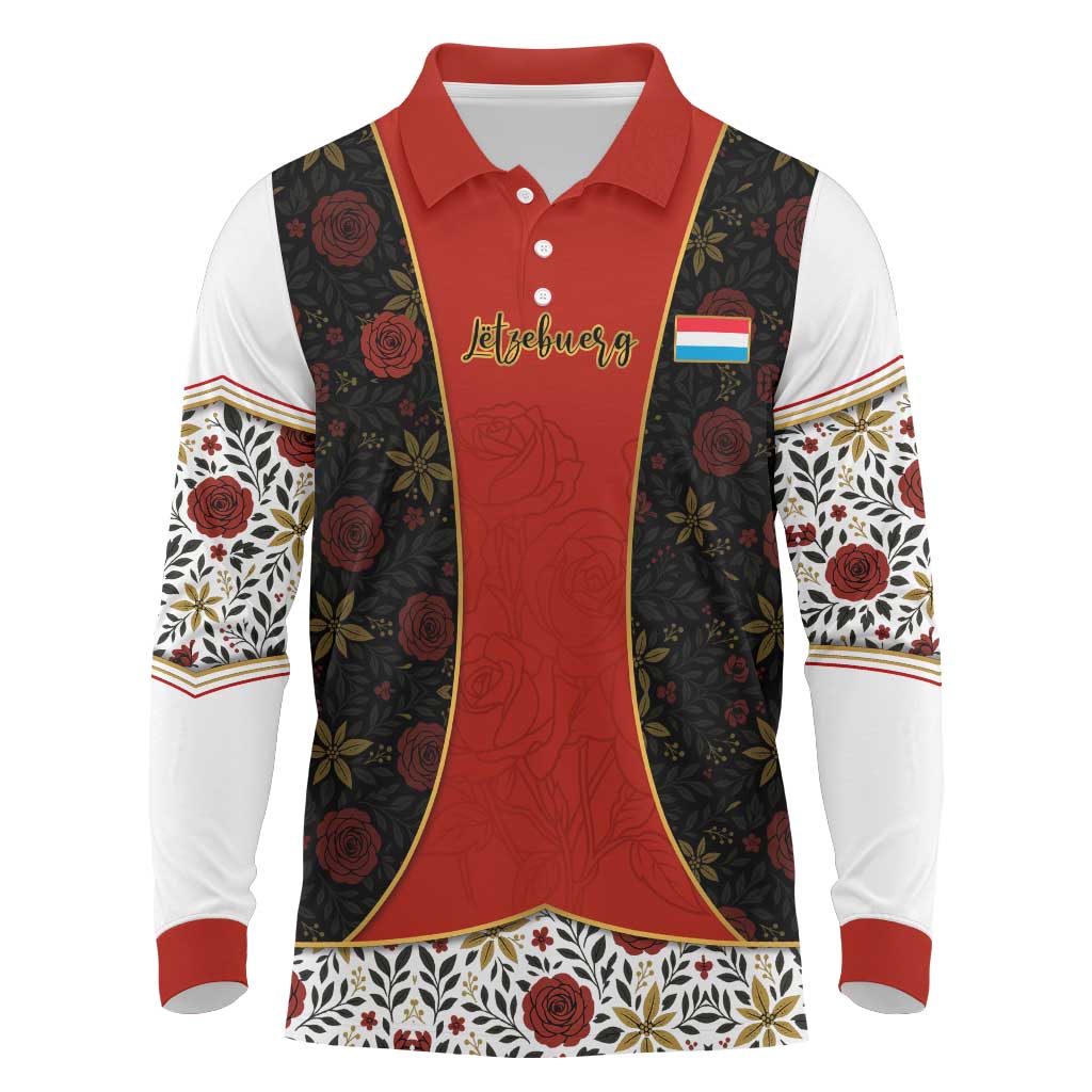 Luxembourg Long Sleeve Polo Shirt with Floral Folk Embroidery and Red Black Pattern Design