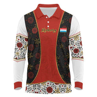Luxembourg Long Sleeve Polo Shirt with Floral Folk Embroidery and Red Black Pattern Design