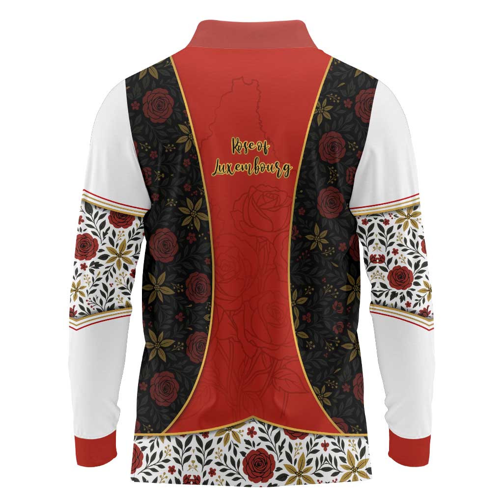 Luxembourg Long Sleeve Polo Shirt with Floral Folk Embroidery and Red Black Pattern Design