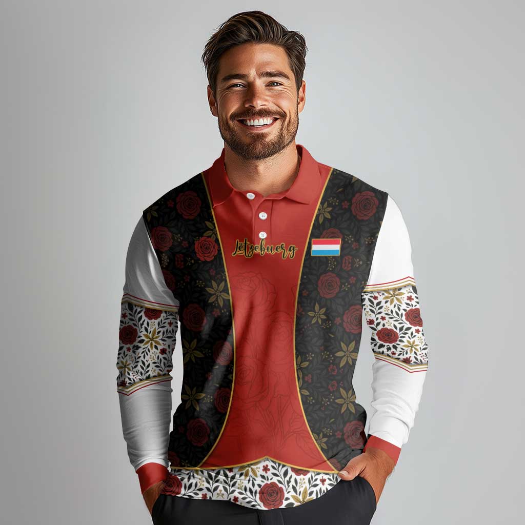 Luxembourg Long Sleeve Polo Shirt with Floral Folk Embroidery and Red Black Pattern Design