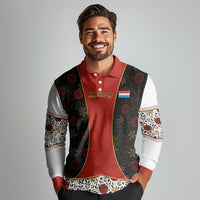 Luxembourg Long Sleeve Polo Shirt with Floral Folk Embroidery and Red Black Pattern Design