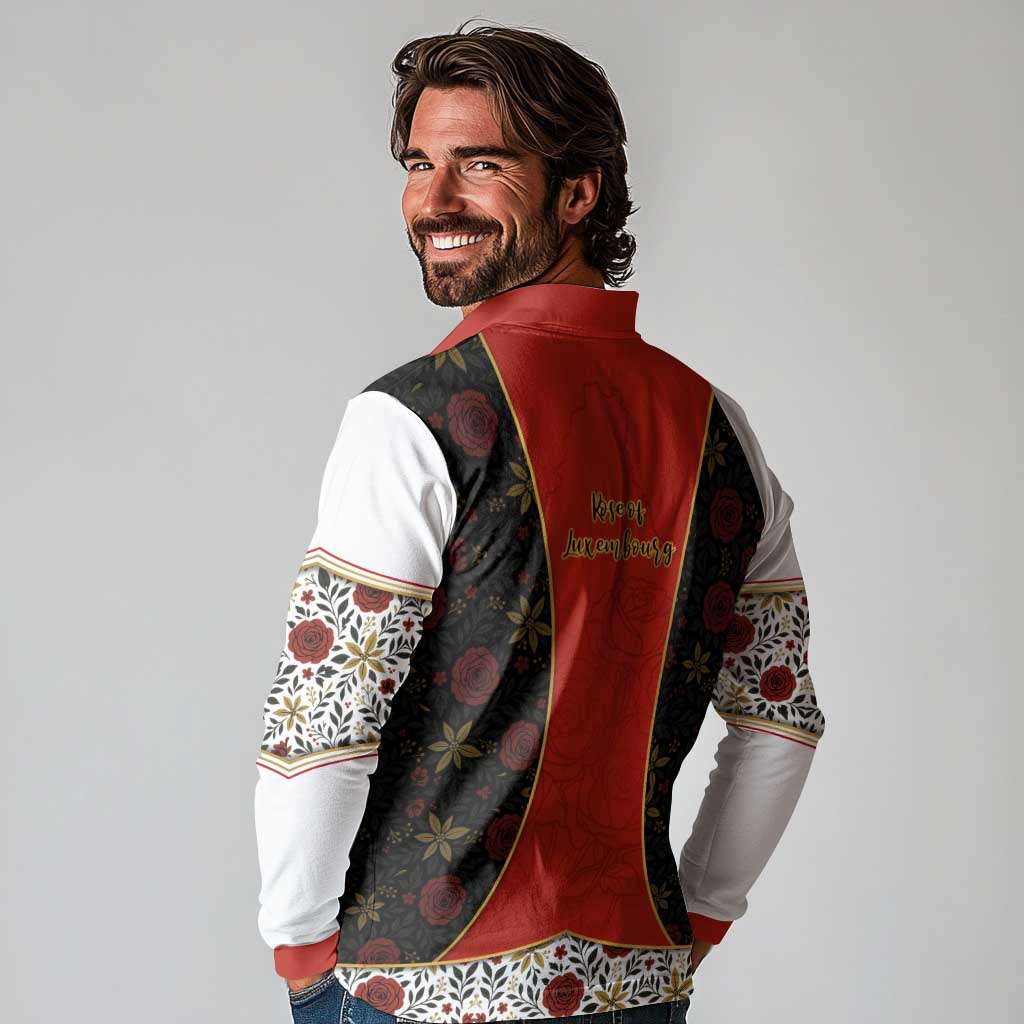 Luxembourg Long Sleeve Polo Shirt with Floral Folk Embroidery and Red Black Pattern Design