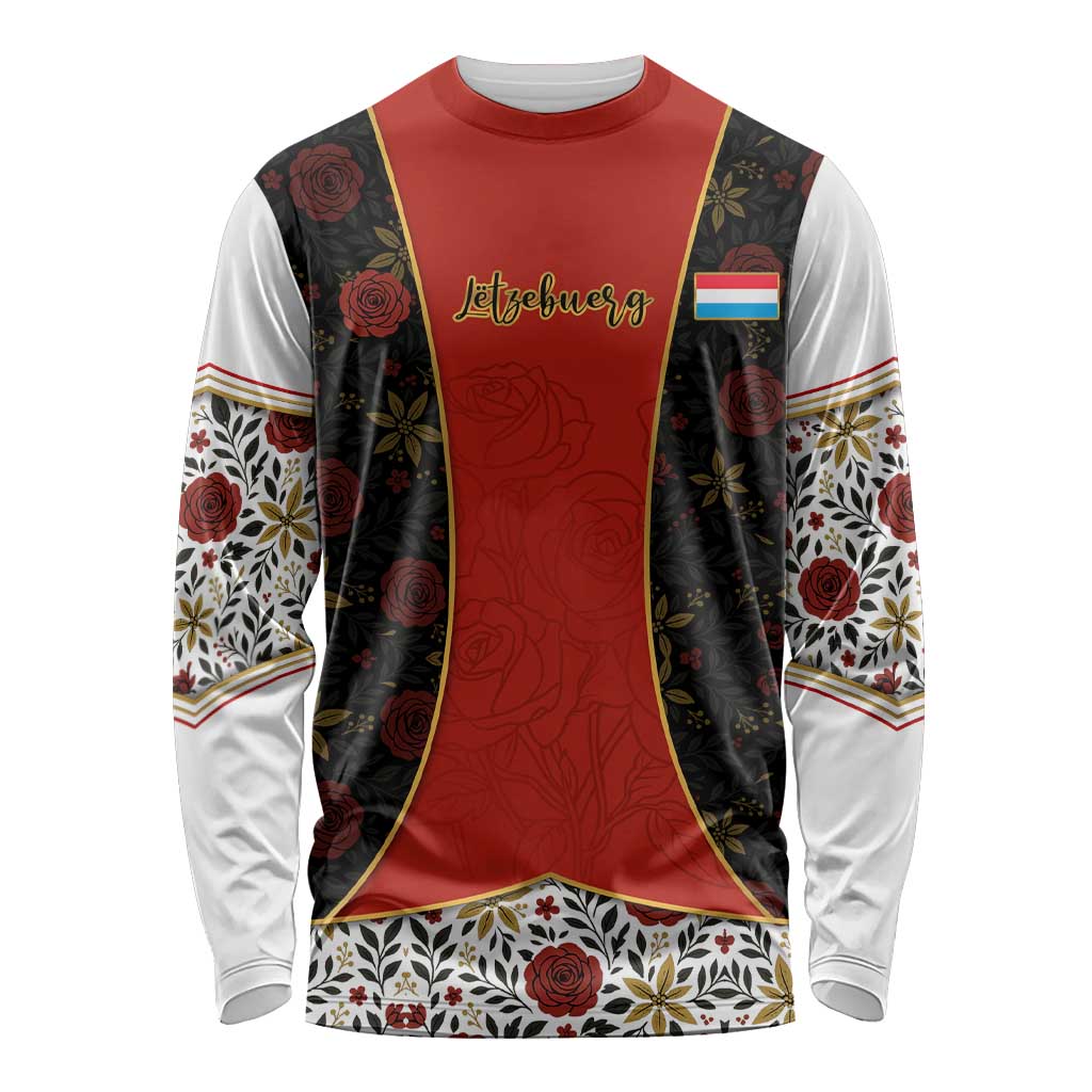 Luxembourg Long Sleeve Shirt with Floral Folk Embroidery and Red Black Pattern Design