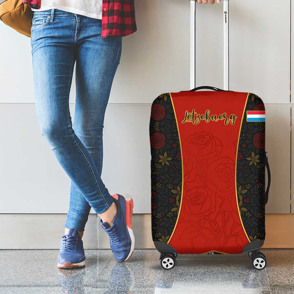 Luxembourg Luggage Cover with Floral Folk Embroidery and Red Black Pattern Design