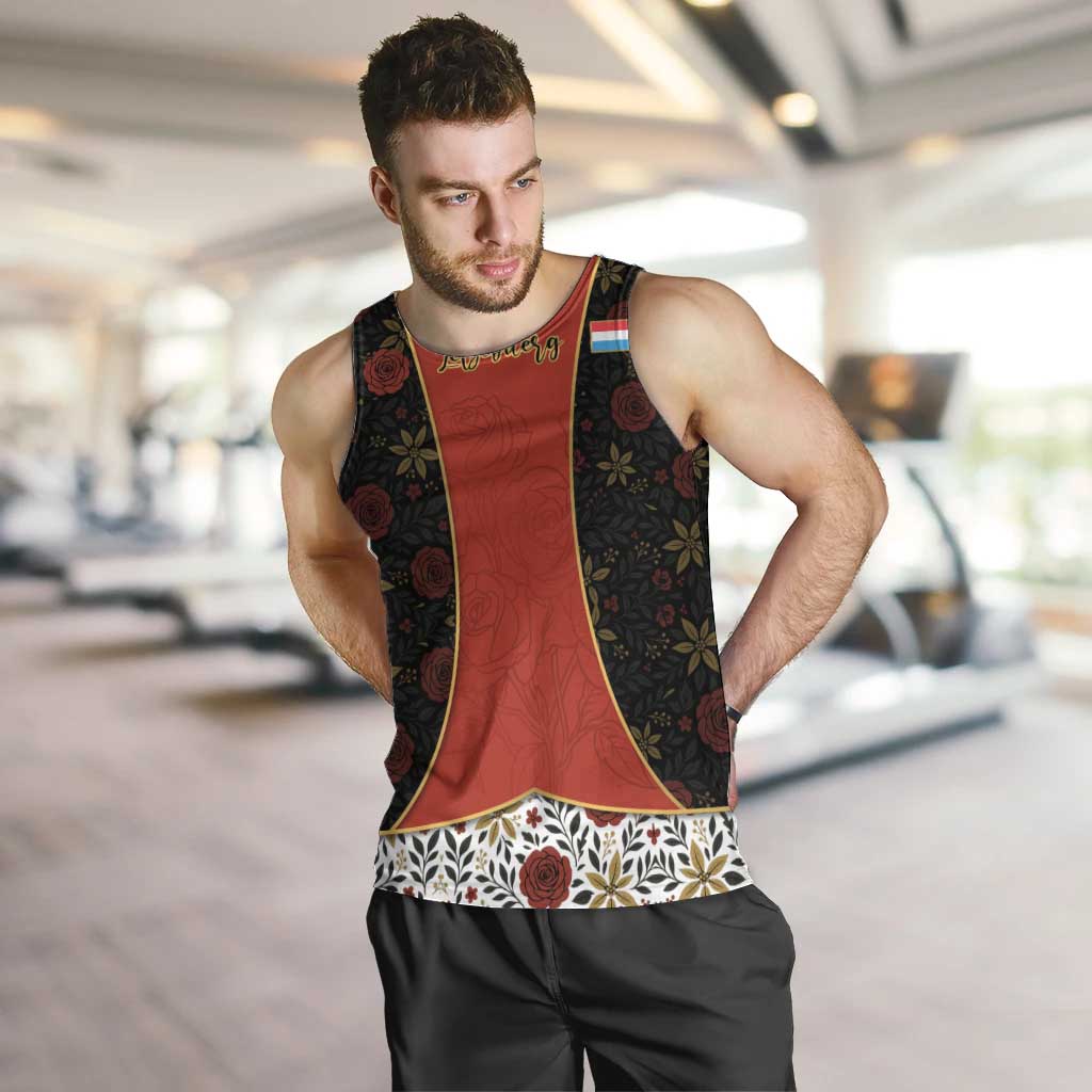 Luxembourg Men Tank Top with Floral Folk Embroidery and Red Black Pattern Design