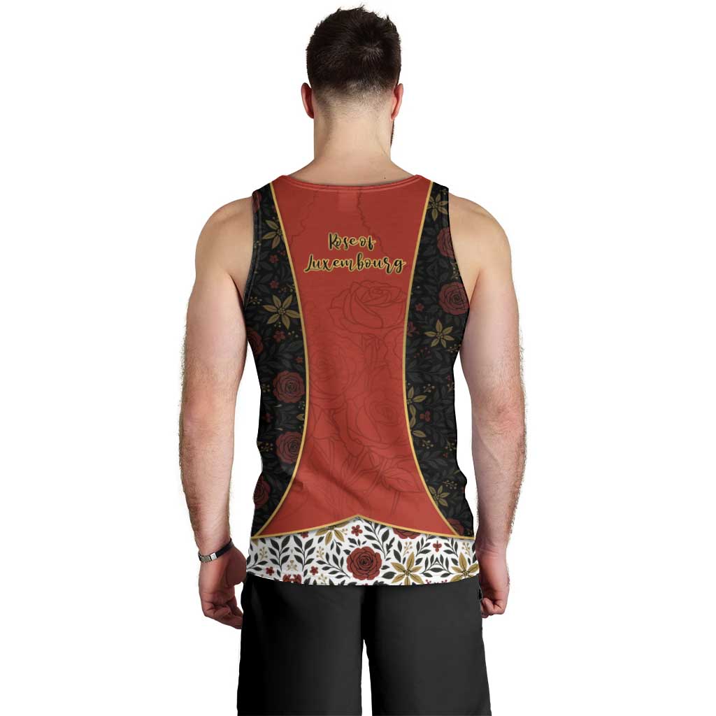 Luxembourg Men Tank Top with Floral Folk Embroidery and Red Black Pattern Design