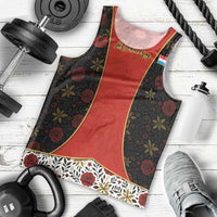 Luxembourg Men Tank Top with Floral Folk Embroidery and Red Black Pattern Design