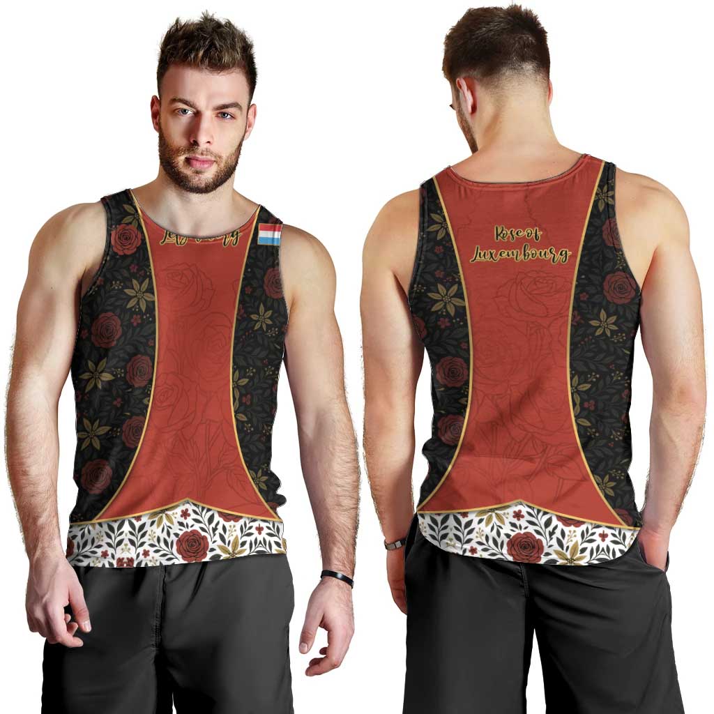 Luxembourg Men Tank Top with Floral Folk Embroidery and Red Black Pattern Design