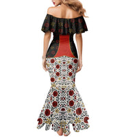 Luxembourg Mermaid Dress with Floral Folk Embroidery and Red Black Pattern Design