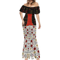 Luxembourg Mermaid Dress with Floral Folk Embroidery and Red Black Pattern Design