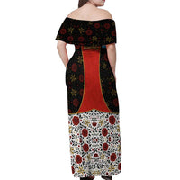 Luxembourg Off Shoulder Maxi Dress with Floral Folk Embroidery and Red Black Pattern Design