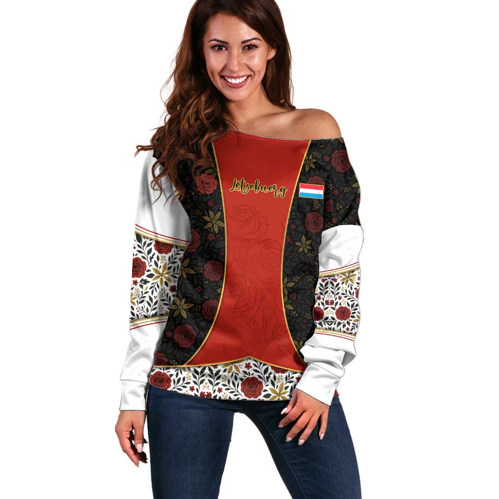 Luxembourg Off Shoulder Sweater with Floral Folk Embroidery and Red Black Pattern Design