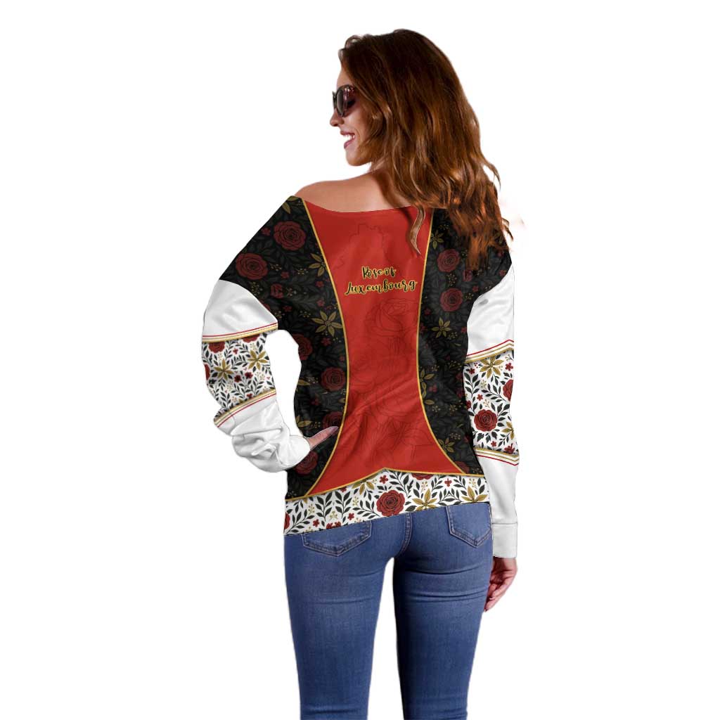 Luxembourg Off Shoulder Sweater with Floral Folk Embroidery and Red Black Pattern Design