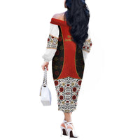 Luxembourg Off The Shoulder Long Sleeve Dress with Floral Folk Embroidery and Red Black Pattern Design