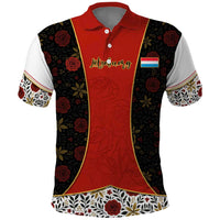 Luxembourg Polo Shirt with Floral Folk Embroidery and Red Black Pattern Design