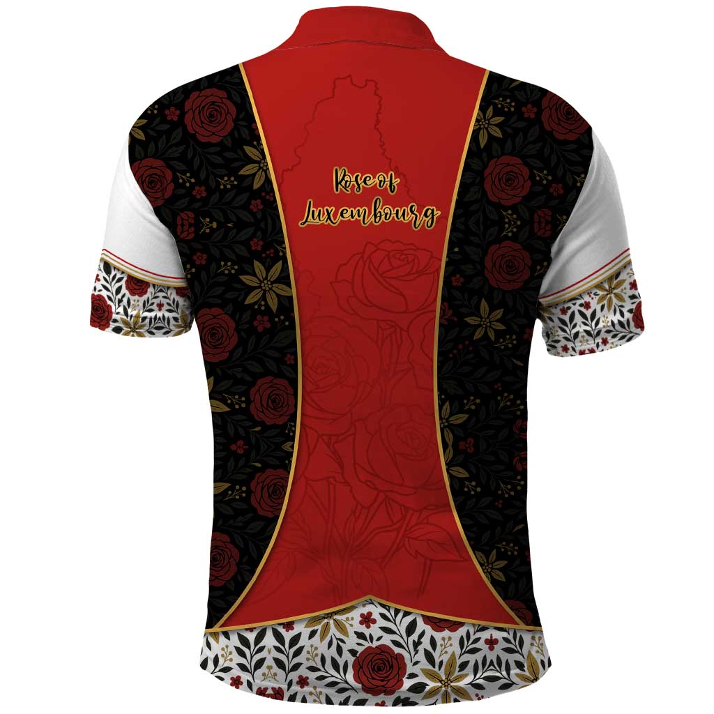 Luxembourg Polo Shirt with Floral Folk Embroidery and Red Black Pattern Design