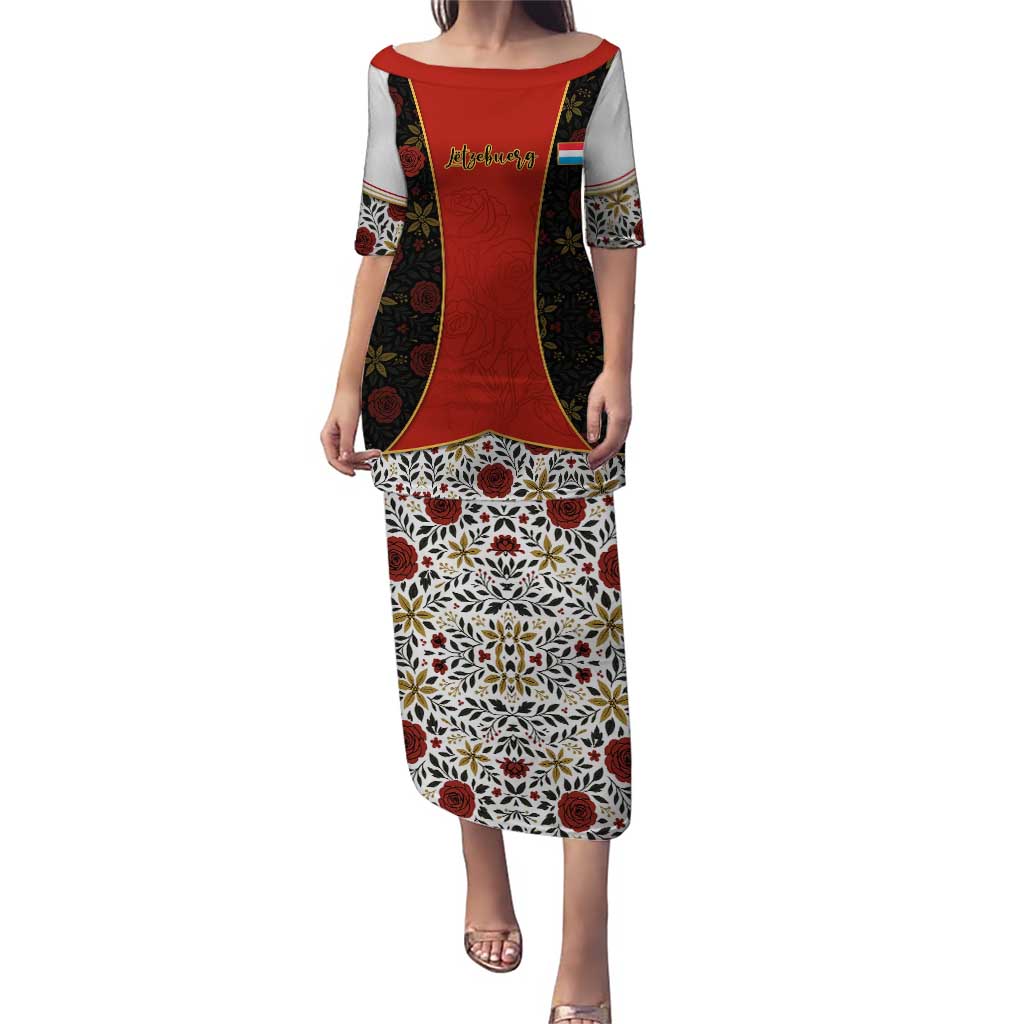 Luxembourg Puletasi with Floral Folk Embroidery and Red Black Pattern Design