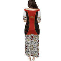 Luxembourg Puletasi with Floral Folk Embroidery and Red Black Pattern Design