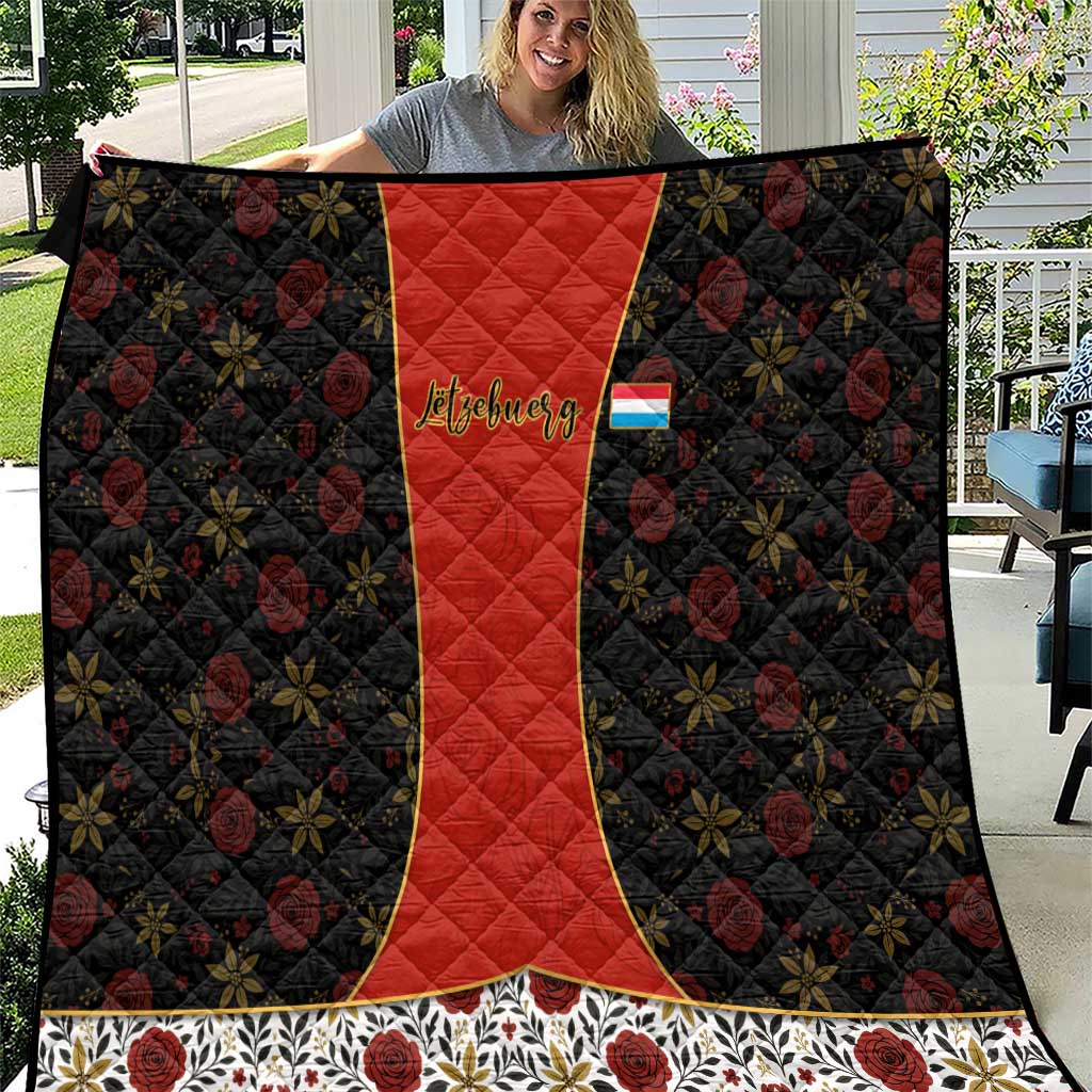 Luxembourg Quilt with Floral Folk Embroidery and Red Black Pattern Design