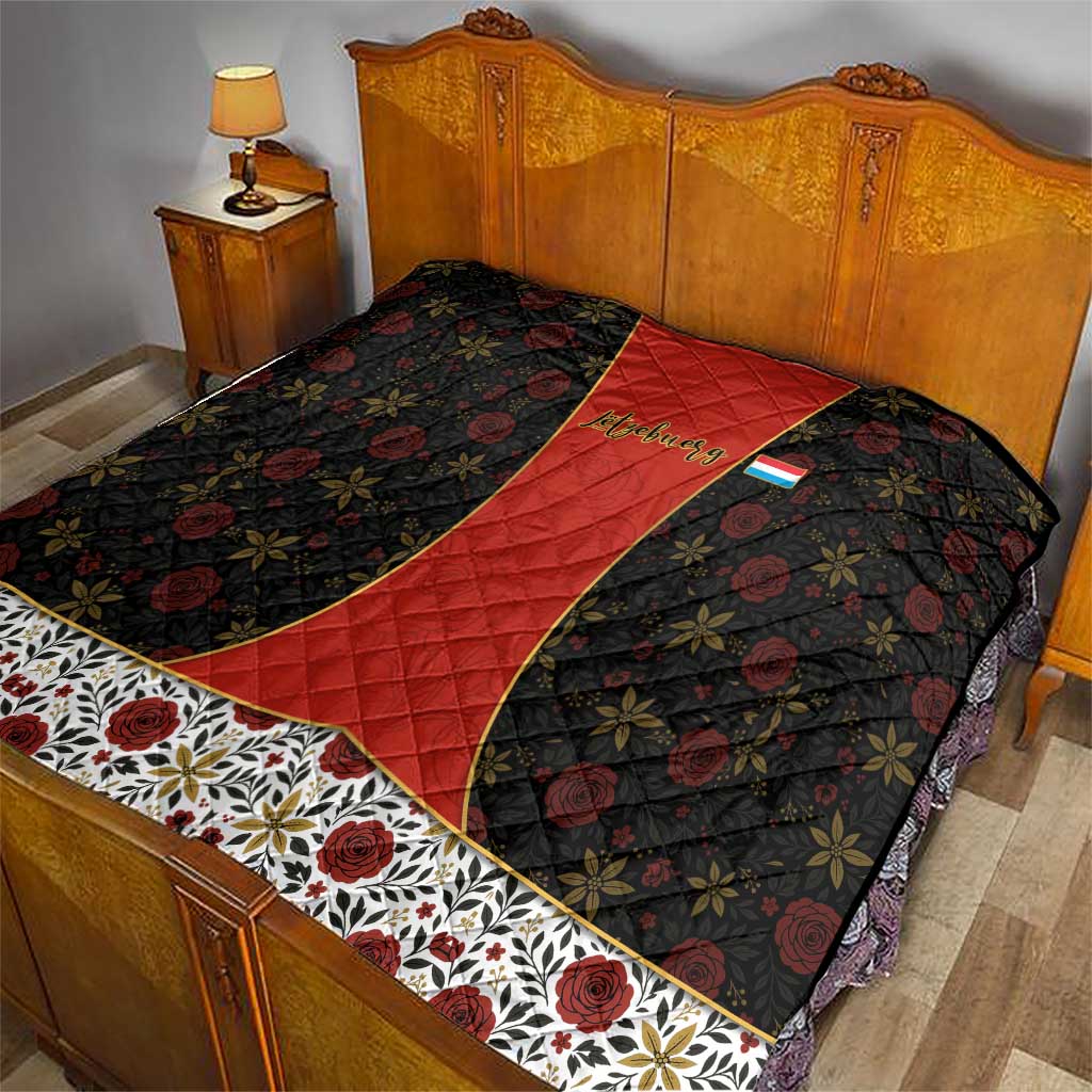 Luxembourg Quilt with Floral Folk Embroidery and Red Black Pattern Design