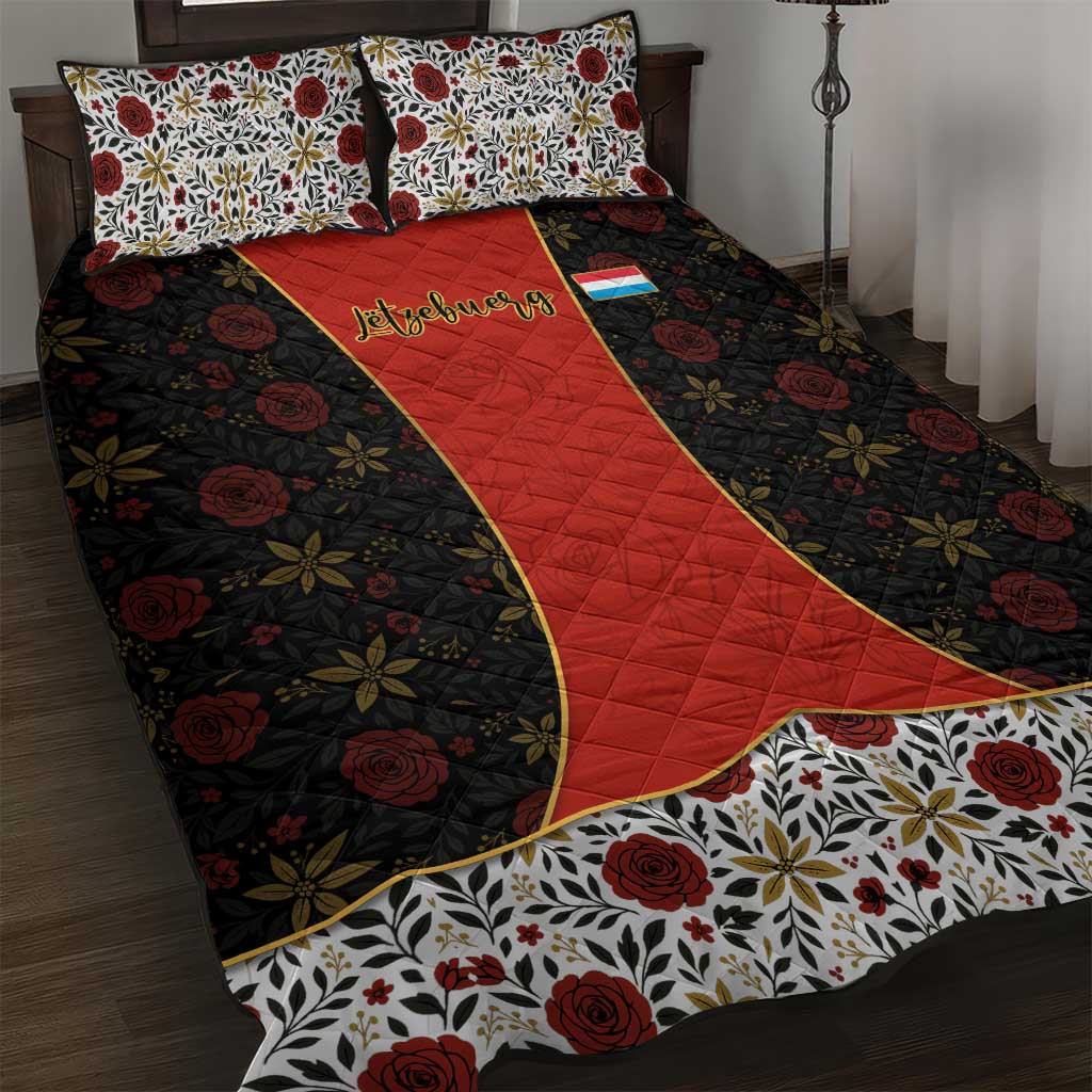 Luxembourg Quilt Bed Set with Floral Folk Embroidery and Red Black Pattern Design